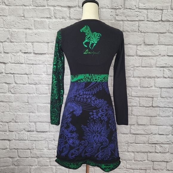 Desigual dress black green blue fit flare long sleeve dragon zebra detail Sz S - Picture 8 of 15